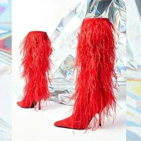 Jeffrey Campbell Shake-Ya Red Fringe Pointed‎ Toe Stiletto Heel Knee High Boots - Picture 1 of 6